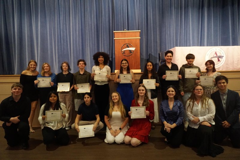 Gathered at the Oct. 16 induction ceremony for Sussex Academy’s Tri-M Music Honor Society are in back (l-r) Lillian Baker, Sadie Knipe, Zoe Pine, Zander Pine, Yolanda Francis, Lila Carlisle, Ryann Hammond, John Roman Nehrbas, Evan Spanos and Grace Sweeten. In front are Oliver Graves, Adahuri Ortiz-Dionicio, Corey Trench, Olivia Nehrbas, Piper Carlisle, Natalie Howard, Finna Graves and Jack Thomas. KAIA MEDRANO PHOTO